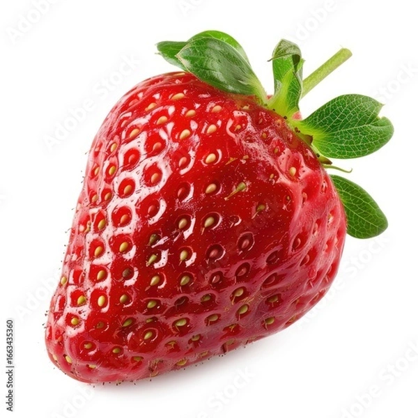 Fototapeta Single, vibrant red strawberry, whole, with green leaves and stem, isolated on white