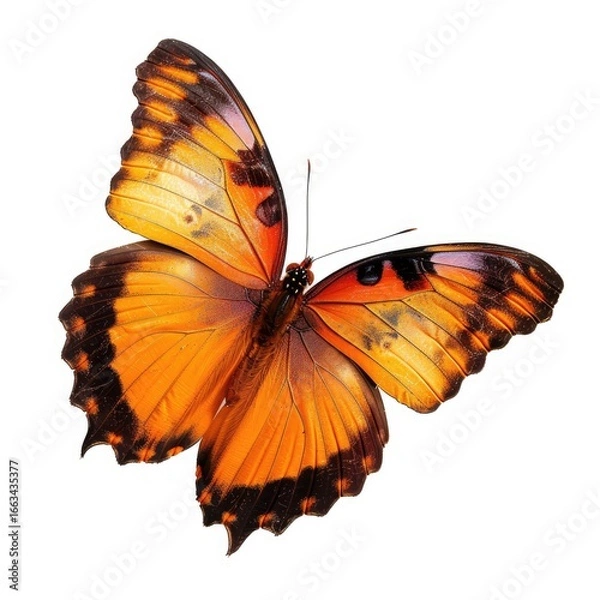 Fototapeta Close-up of a vibrant orange and brown butterfly, wings outstretched, against a white background