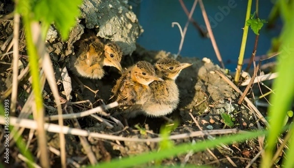 Obraz Three baby birds nestled in ground nest