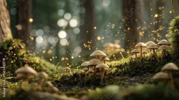 Fototapeta 神秘的な光が差し込む幻想的な森のキノコ