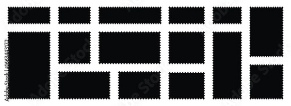 Obraz postage stamps set. Black post stamp frames and borders. Rectangle, square template for mail, postcard, letter, note. Vector zigzag objects for badge, sticker, photo, frame. Vector illustration set