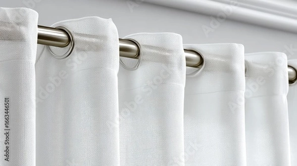 Obraz Elegant white curtains hanging on a metal rod, creating a minimalist and clean aesthetic