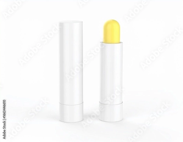 Fototapeta Blank white lip balm tube with yellow chapstick, open and closed mockup isolated on white background.
