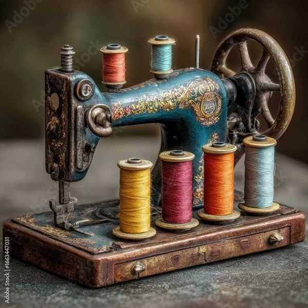 Obraz Vintage sewing machine, spools of thread, rustic setting, craft, hobby