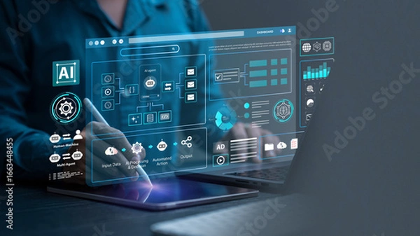 Fototapeta AI workflow automation artificial intelligence software interface nodes triggers data tool dashboard coding icon flow process technology. AI agent, data processing, human-machine interaction. RPA.