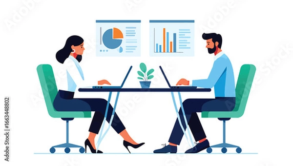 Fototapeta Business colleagues collaborating in a modern office, analyzing data charts and financial graphs on laptops. Vector illustration