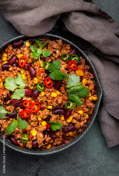 Fototapeta Mexican meet Chili with beef, beans, paprika, corn, cilantro, jalapeno in tomato sauce, in frying pan, rusty green background top view
