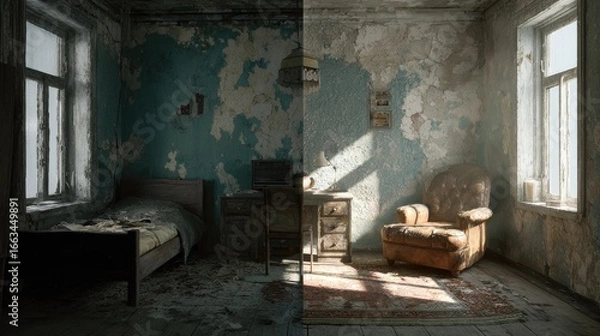 Fototapeta Divided room, sunlit and shadowed