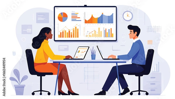 Fototapeta Two diverse business colleagues analyzing complex data on a large dashboard with charts and graphs. Teamwork and strategy concept vector illustration