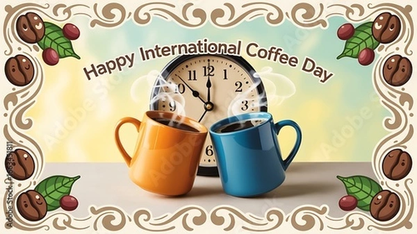 Fototapeta Two steaming mugs with a clock and happy international coffee day message art
