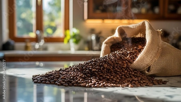 Fototapeta Coffee beans spilling from a burlap sack on a marble countertop near a window