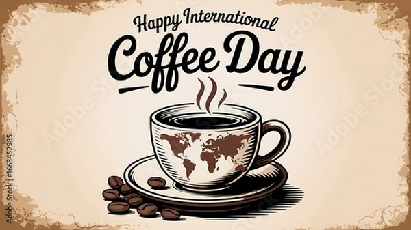 Fototapeta Happy international coffee day with a cup of coffee and beans on a vintage background