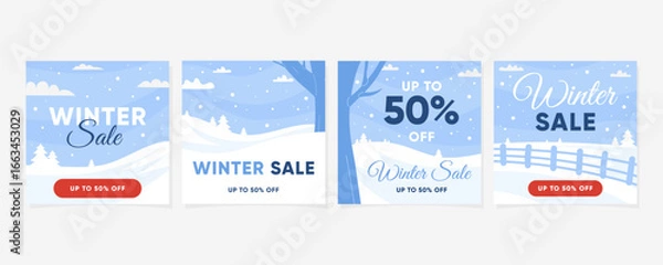 Obraz Square Winter sale background set with snowy landscape. Vector illustration for banners, promotions, social media