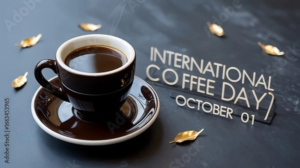 Fototapeta A cup of coffee and a sign for international coffee day on october the first