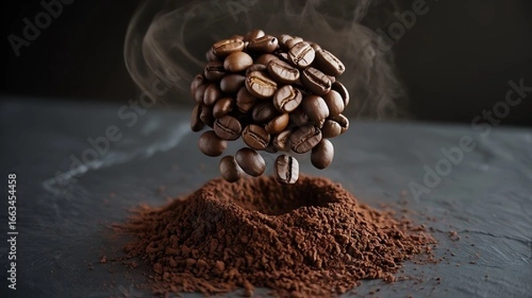 Fototapeta A heap of coffee beans suspended above a pile of ground coffee with steam rising up
