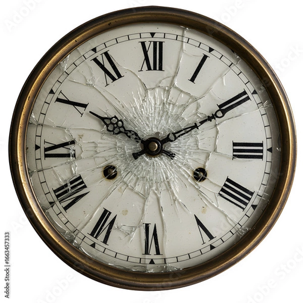 Fototapeta A broken clock with shattered glass and frozen hands, symbolizing lost time, isolated on white or transparent background. PNG