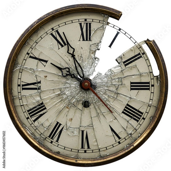 Fototapeta A broken clock with shattered glass and frozen hands, symbolizing lost time, isolated on white or transparent background. PNG
