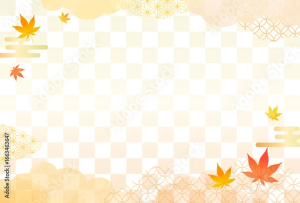 Fototapeta 秋　水彩風 紅葉と和柄 背景 市松模様	
