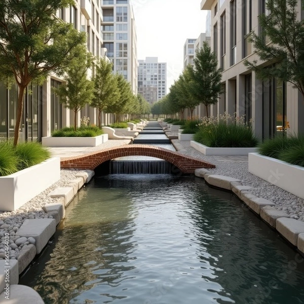 Fototapeta Contemporary Garden with Bridge and Waterfall