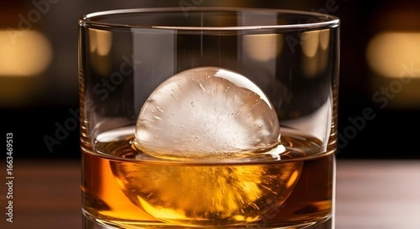 Fototapeta A glass of whiskey with a large spherical ice cube, placed on a wooden table with a blurred background.