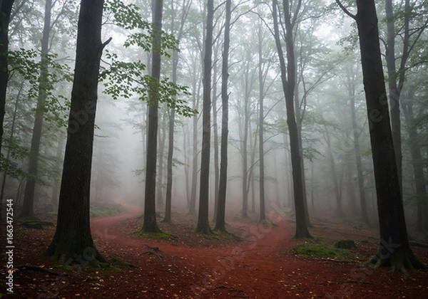 Obraz Misty Forest Landscape with Diverging Paths and Moss-Covered Ground