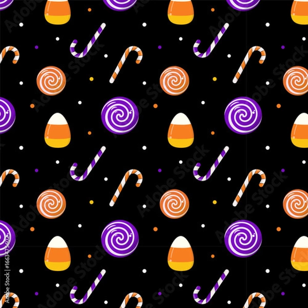 Fototapeta Happy halloween seamless pattern.Spooky elements repeat pattern with lollipops, candy corn, candy cane and polka dot on black background.Cute colorful Halloween vector illustration wallpaper.