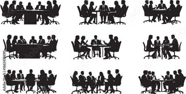 Fototapeta Team Discussion Silhouette A group of business people sitting, actively discussing a topic or plan of action. full length silhouette black vector illustration