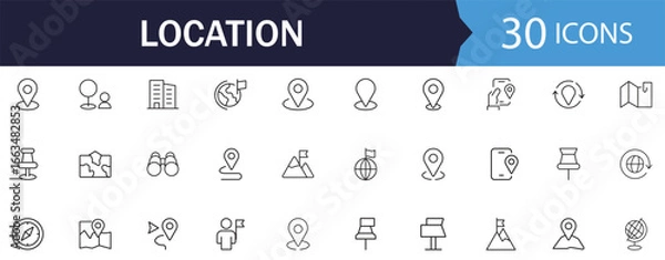 Fototapeta Location Line Icons set. Features icons of map, address, global, and Compass. Perfect for mobile apps, travel websites, and geo-tracking systems.
