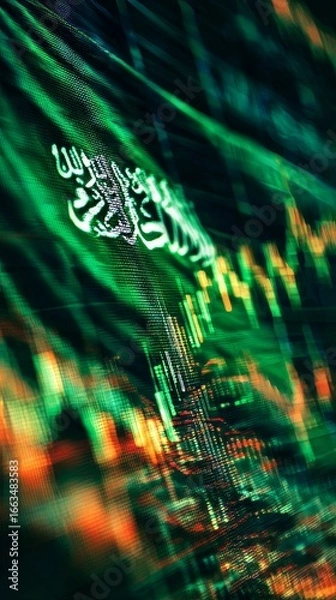Fototapeta Saudi Flag in Digital Financial Data Visualization