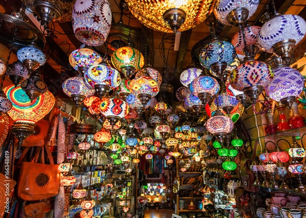 Obraz Colorful lanterns and lamps hanging in the market at Marrakesh, Morocco