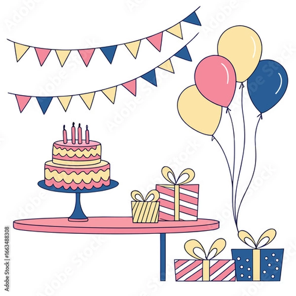 Fototapeta "Birthday Party Table Vector | Generative AI & Linocut Silhouette Design"