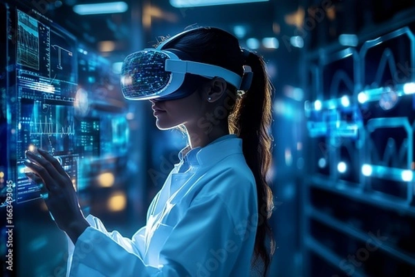 Fototapeta Girl in augmented reality glasses against the background of virtual monitors