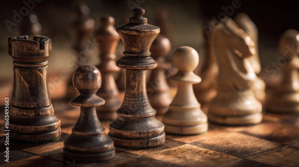 Fototapeta A close up of wooden chess pieces including rook, pawn, king, and knight on a chess board