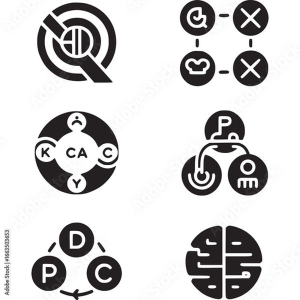 Fototapeta Art of collection of black icons depicting business strategy, planning, goal setting, data analysis, and conceptual connections