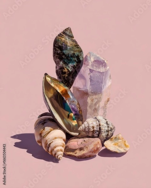Obraz Colorful Shells and Crystal on Soft Pink Surface