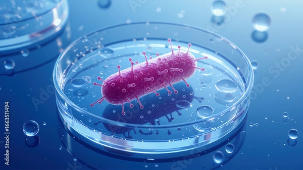 Fototapeta Microscopic view of a bacterium in a petri dish with water droplets