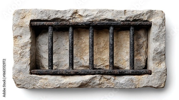 Obraz Stone Block with Metal Bars Isolated on White Background Security Concept