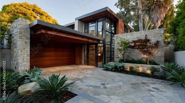 Obraz Modern House Exterior with Stone and Wood Architecture at Dusk