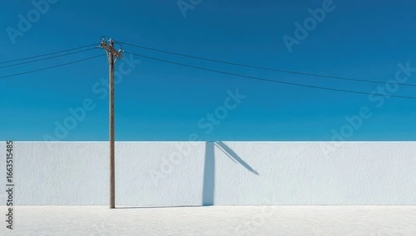 Fototapeta Simple, minimalist view of a light-brown utility pole and power lines against a bright white wall and clear blue sky