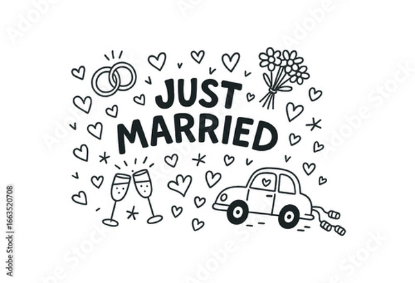 Obraz Cute doodle style illustration with large central word Just Married surrounded by various simple stroke line art doodles like wedding rings with cans hearts bouquet and champagne glasses