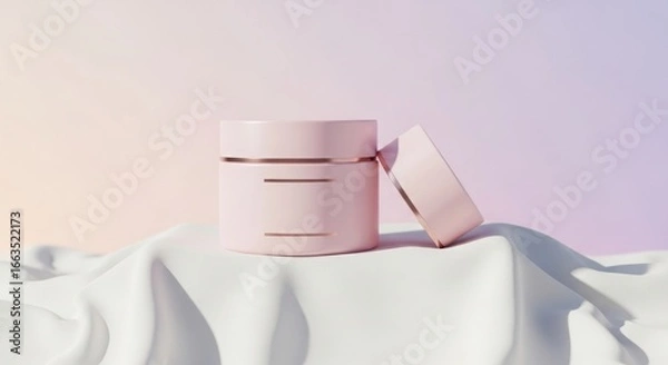 Fototapeta Pink Cream Jar Mockup on Soft White Fabric with Pastel Background