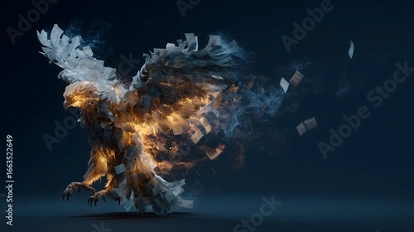 Fototapeta A white bird with its wings spread out and surrounded by fire. The bird is perched on a pile of coins