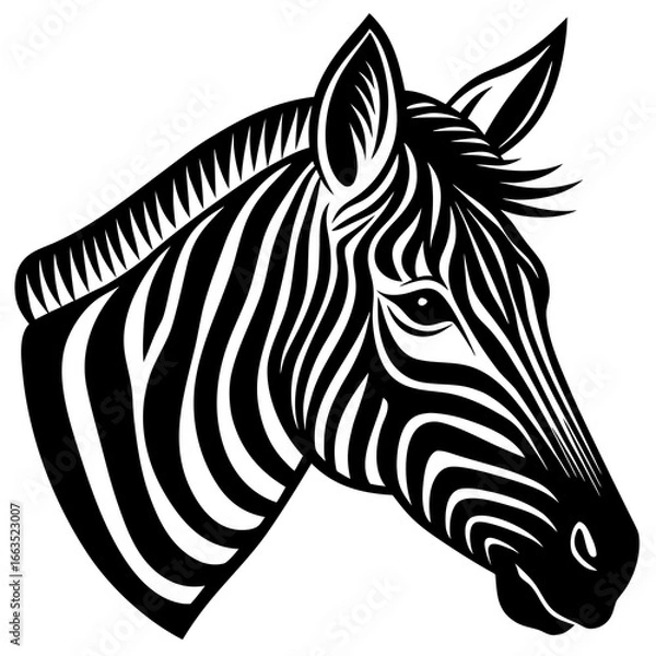 Fototapeta Striking zebra head with bold black and white stripes, perfect for wildlife designs, branding, or artistic animal themes with a modern stylized aesthetic