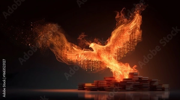 Fototapeta A white bird with its wings spread out and surrounded by fire. The bird is perched on a pile of coins