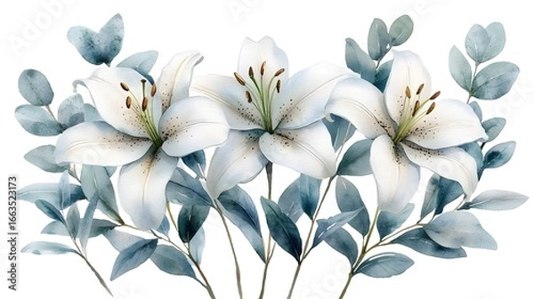 Fototapeta Minimalist watercolor floral arrangement with lilies and eucalyptus