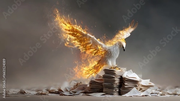 Fototapeta A white bird with its wings spread out and surrounded by fire. The bird is perched on a pile of coins