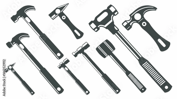 Fototapeta Illustration of various types of hammers including claw hammer and mallet in a black and white vector design