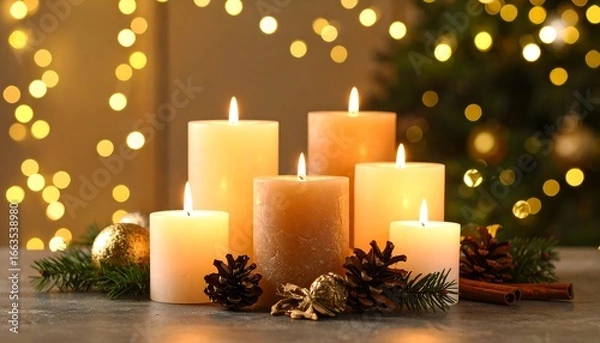 Fototapeta Warm, inviting scene of several cylindrical candles, softly lit, in a festive arrangement with Christmas decorations, against a background of twinkling lights.