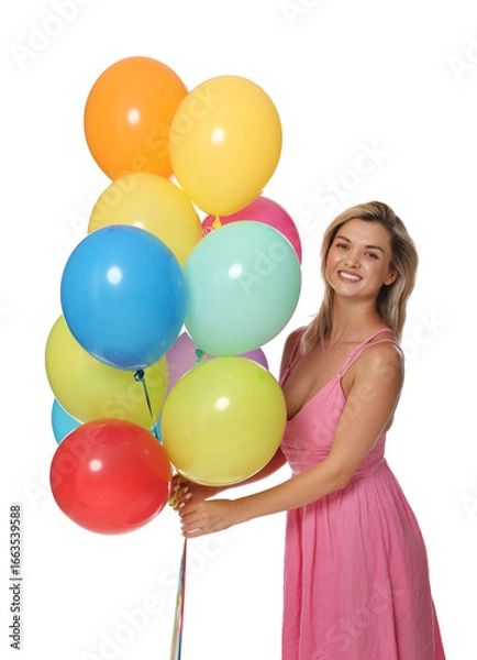 Fototapeta Smiling woman in dress with bunch of colorful balloons on white background