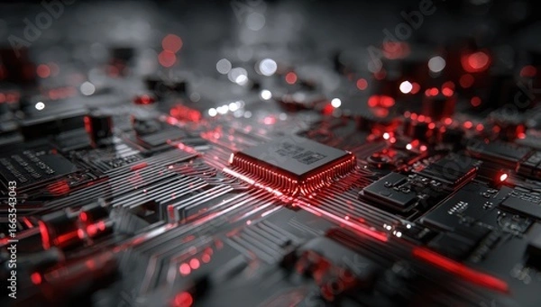 Fototapeta Close-up view of a circuit board with a central processor chip, highlighted by glowing red lines and details.  Dark background with blurred lights.  Intricate network of conductive pathways
